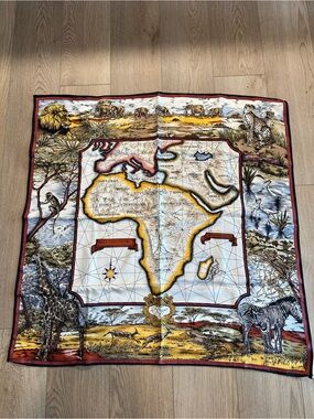 Vintage Saks Fifth Avenue Silk Scarf Africa Map Print 100% Silk Made in Japan